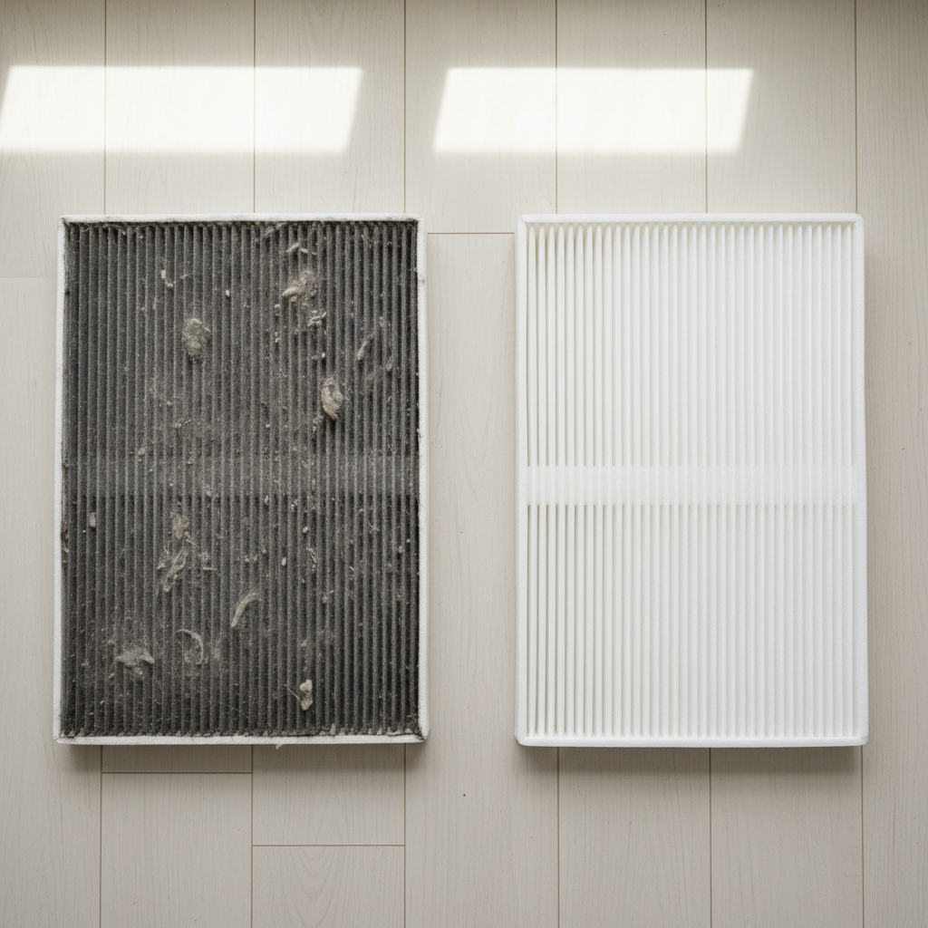Side-by-side comparison of a dirty clogged AC air filter and a brand new clean filter for a Miami home