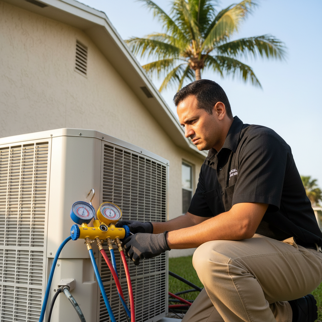 Licensed Miami HVAC technician reading refrigerant pressure with manifold gauges on a residential AC condenser unit