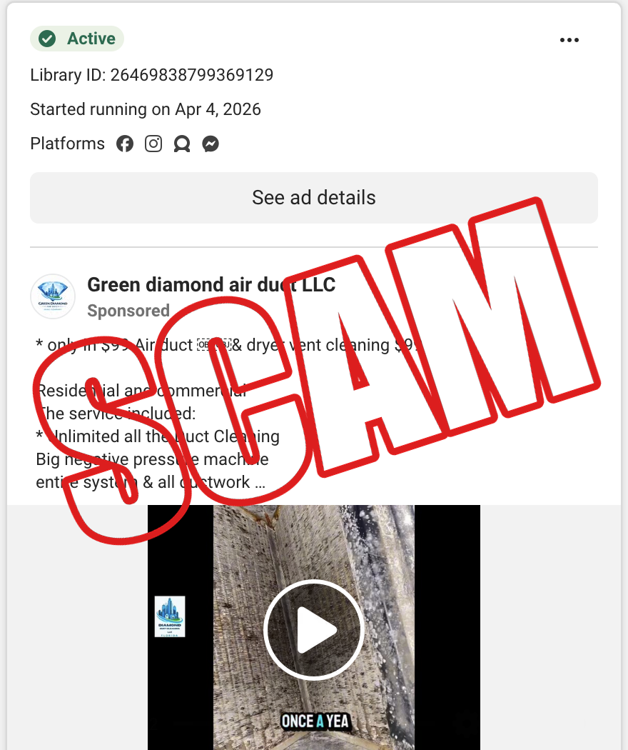 Meta Ads Library listing for Green Diamond Air Duct LLC Florida ad started April 4 2026
