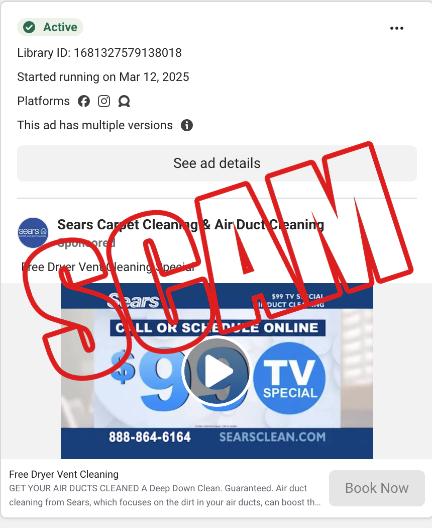 Meta Ads Library listing showing a Sears Carpet Cleaning and Air Duct Cleaning $99 advertisement with Library ID 1681327579138018 visible
