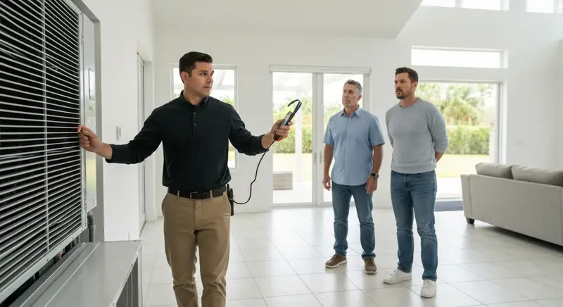 Licensed HVAC technician performing AC inspection before home purchase in Miami