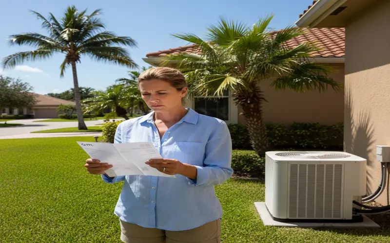 Florida homeowner reviewing FPL energy bill next to their AC unit in South Florida