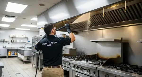 Air Duct Cleaning Miami technician pressure washing commercial kitchen exhaust hood