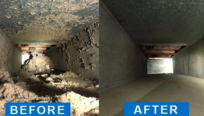 Before and after air duct cleaning showing clean ductwork