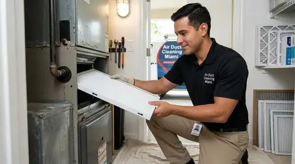AC cleaning technician replacing air filter during service in Davie FL