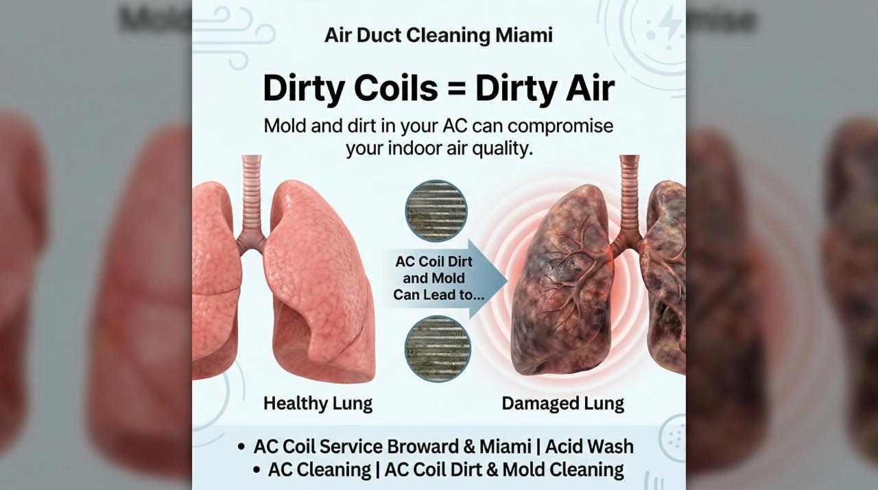 Diagram showing healthy lungs vs damaged lungs caused by dirty AC coils — indoor air quality impact