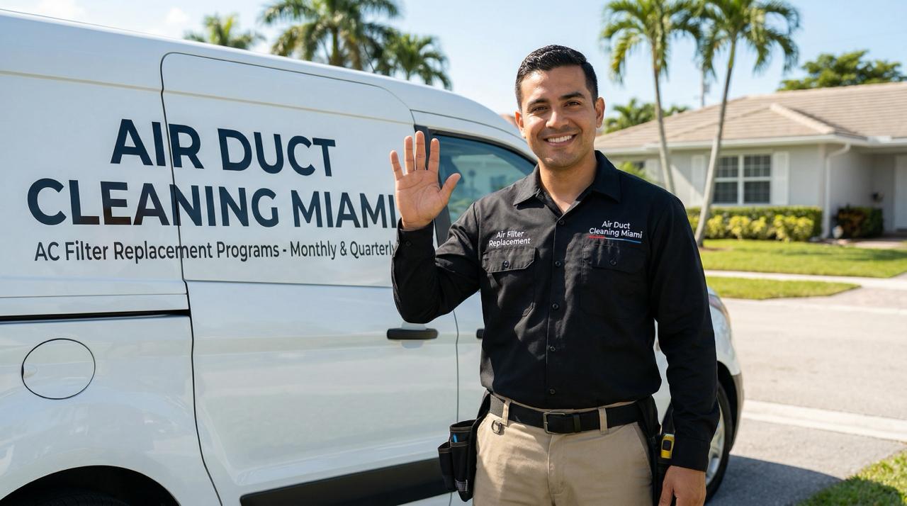 Happy Miami homeowner with Air Duct Cleaning Miami technician after AC coil cleaning service