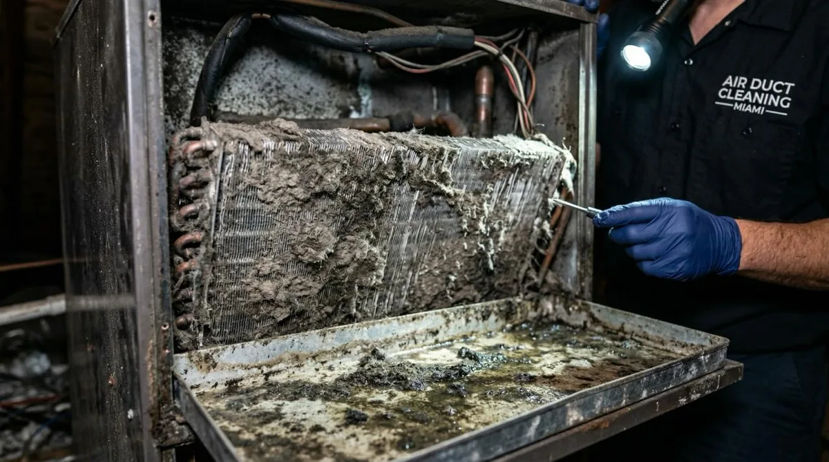 Air Duct Cleaning Miami technician inspecting a filthy evaporator coil pulled from a Miami home air handler — heavy dust buildup and debris visible in the drain pan below