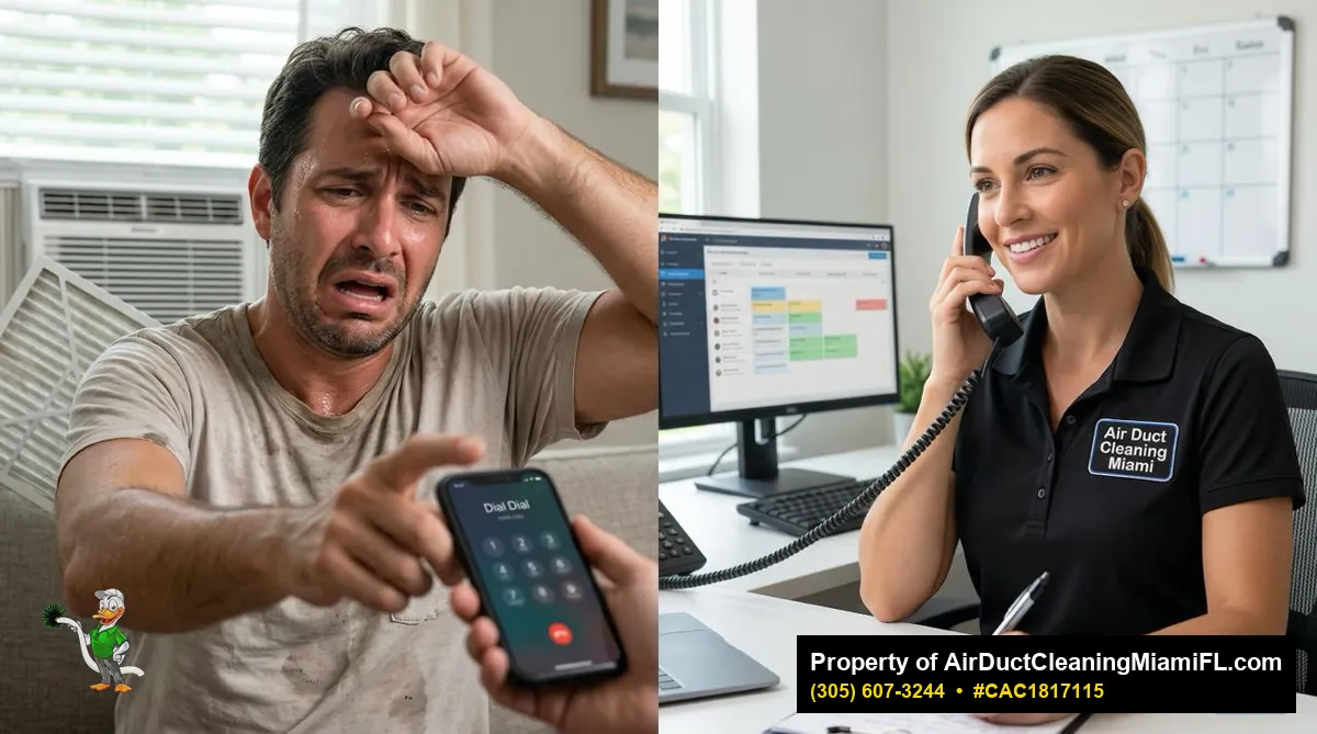 Miami homeowner sweating in the heat dialing for AC help on the left — Air Duct Cleaning Miami dispatcher picking up the call and booking a same-day tune-up on the right
