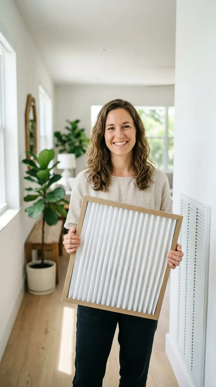 Friendly Miami homeowner holding a clean new pleated AC air filter at home