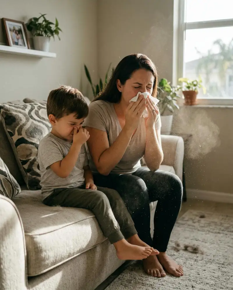 Mother and child sneezing from dirty HVAC system — allergies caused by mold and dust in AC
