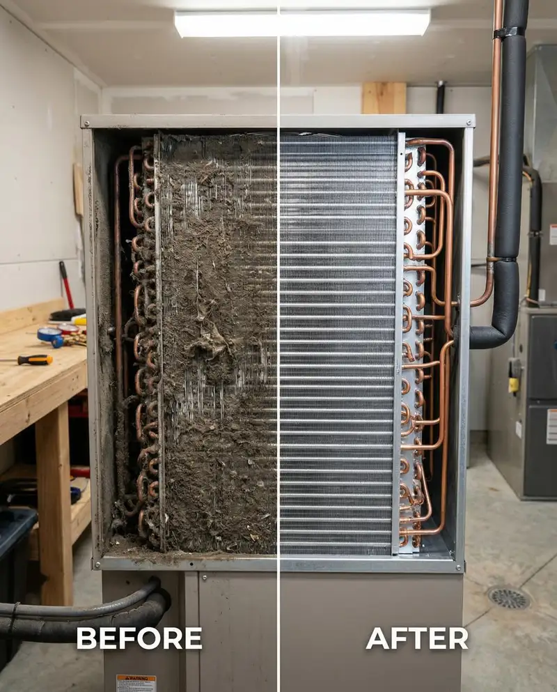 Before and after HVAC evaporator coil cleaning showing dramatic improvement