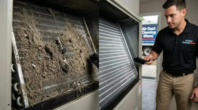 Before and after AC filter and coil cleaning — dirty vs clean with Air Duct Cleaning Miami technician