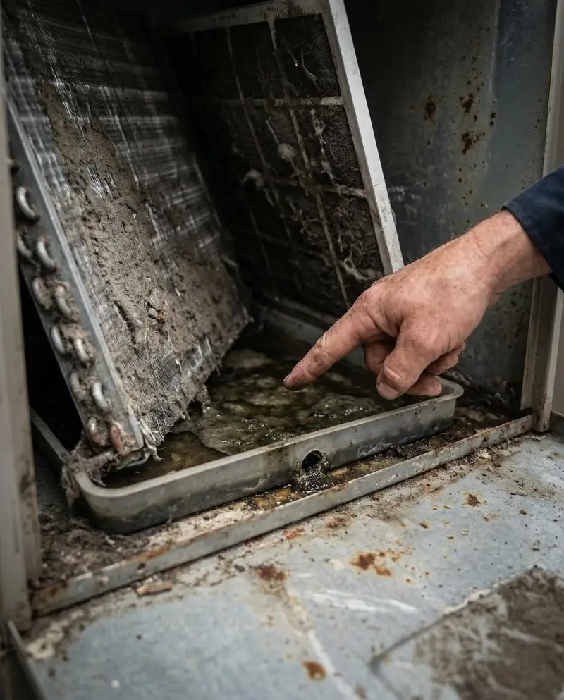Dirty AC drain pan with mold and sludge buildup needs professional HVAC cleaning