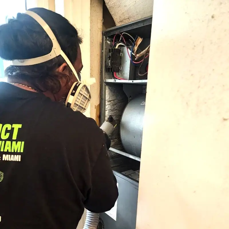 Technician sanitizing the AC unit and ductwork to kill mold and bacteria