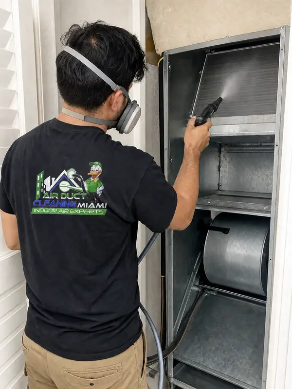 Air Duct Cleaning Miami technician pointing at mold and grime on an air handler blower during a real AC check-up in Miami