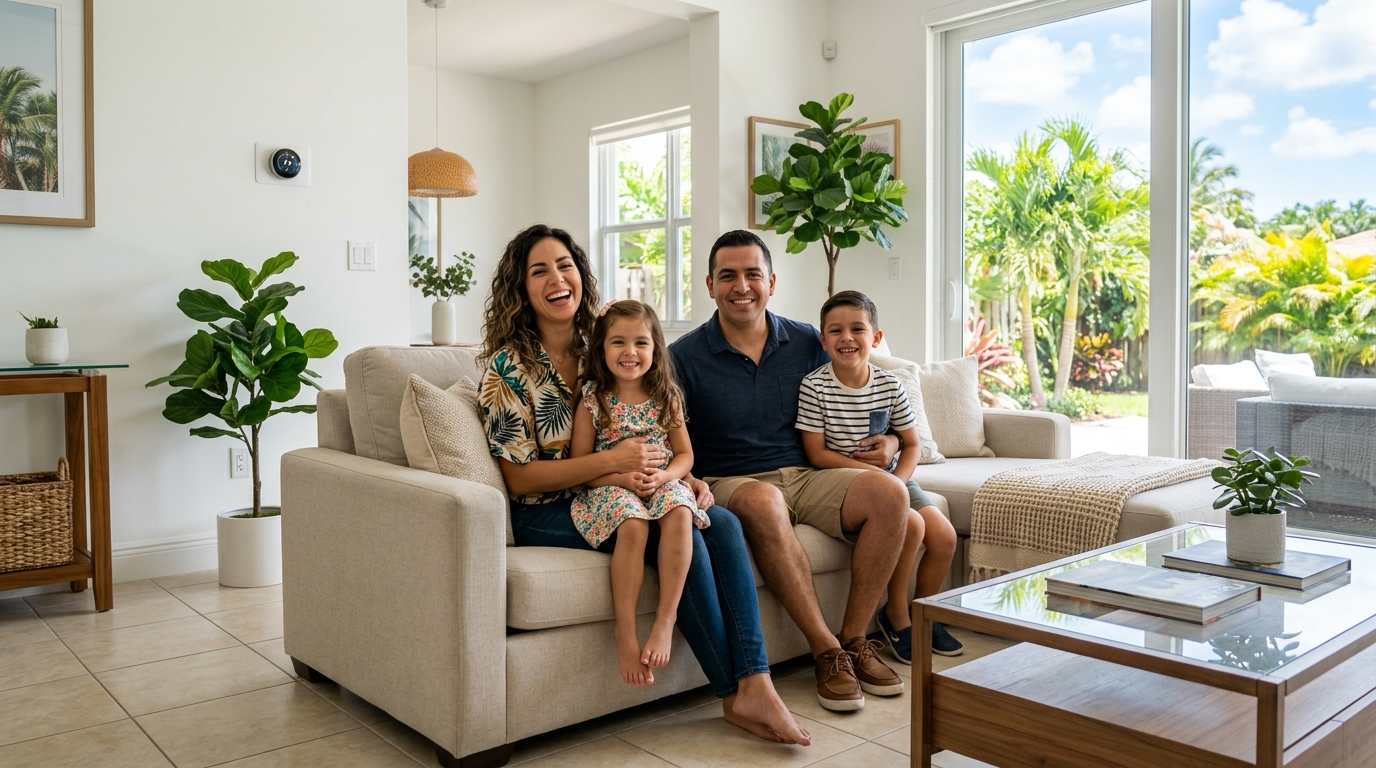 Happy Miami family enjoying cool comfortable home with smart thermostat on the wall
