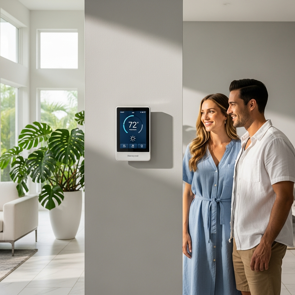 Couple with Honeywell thermostat in Miramar home