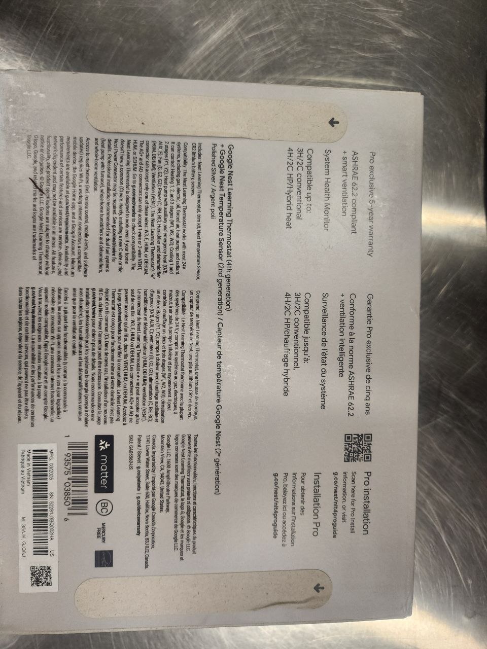 Nest Learning Thermostat Pro Edition box back