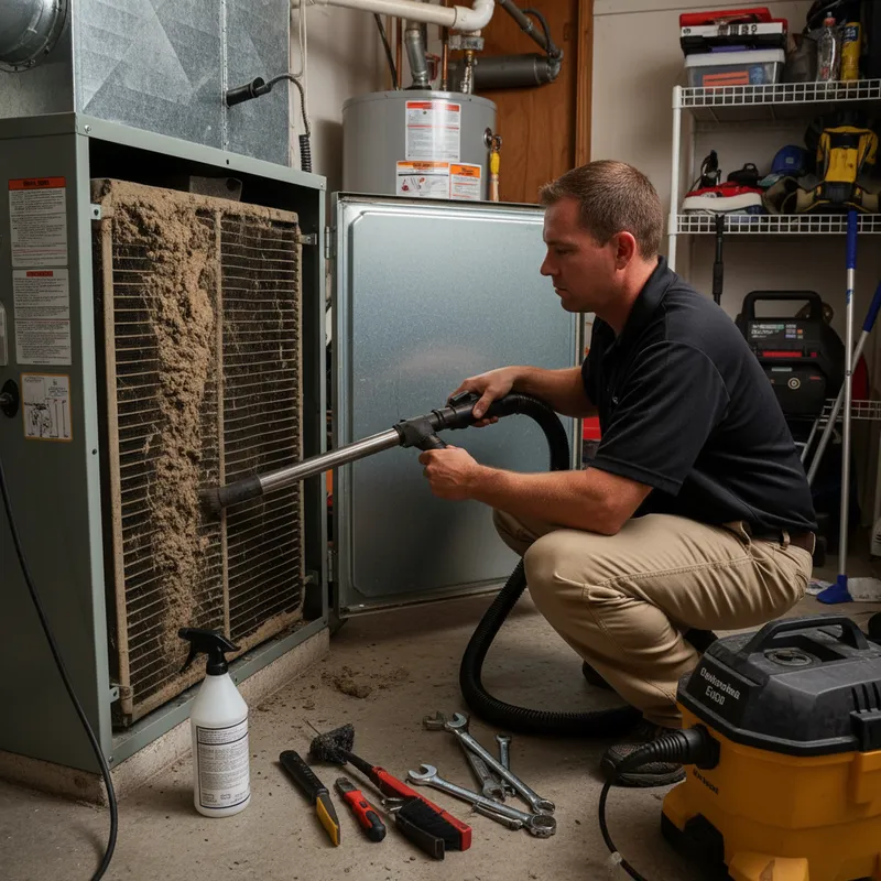 HVAC technician cleaning evaporator coil inside residential air handler — needs professional cleaning