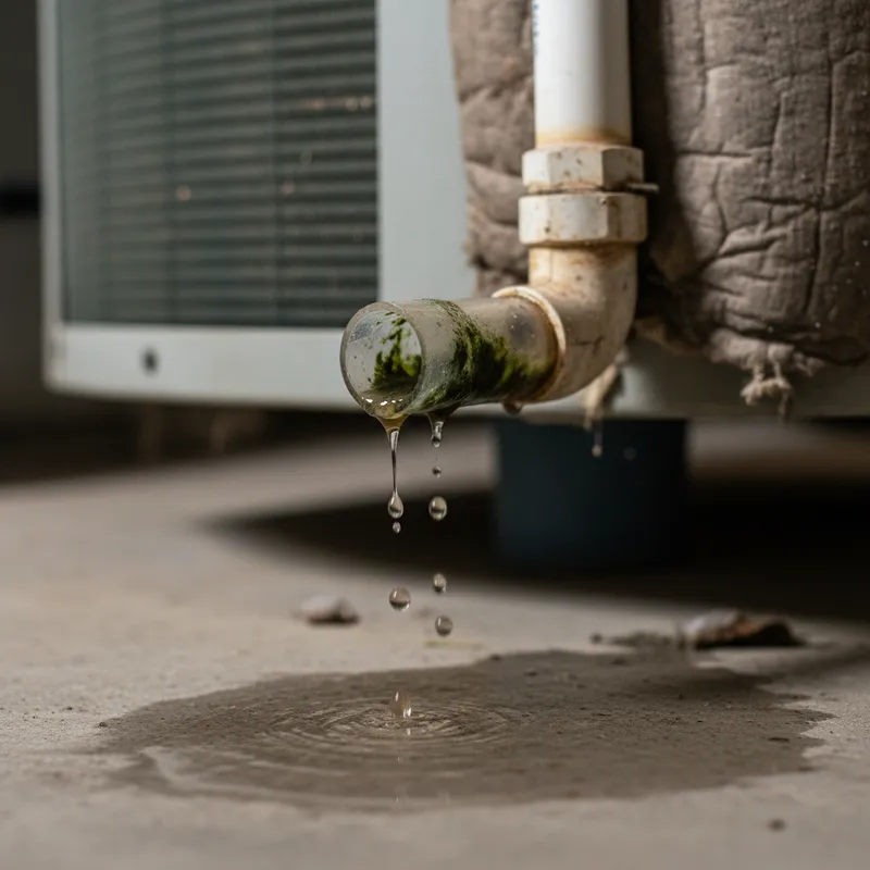 Clogged AC drain line with algae buildup and water dripping — Air Duct Cleaning Miami