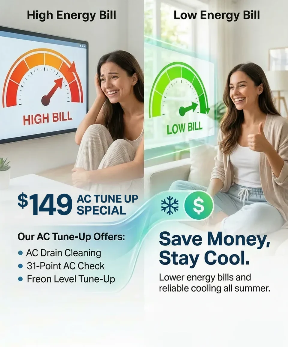 $149 AC Tune-Up Special — High bill vs Low bill comparison. Includes AC drain cleaning, 31-point check, and Freon level tune-up. Air Duct Cleaning Miami.