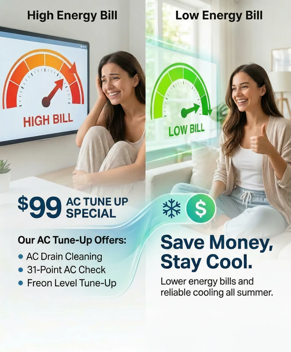 $99 AC Tune-Up Special — Air Duct Cleaning Miami. High energy bill vs low energy bill comparison. Includes AC drain cleaning, 31-point AC check, and Freon level tune-up.