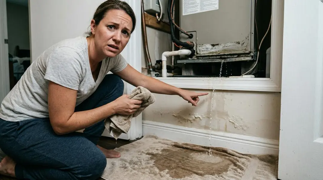 Hollywood, FL homeowner kneeling beside her air handler with a soaked towel, pointing at water leaking from a clogged AC condensate drain onto a soaked carpet — whole-home water damage after she skipped annual AC maintenance from a licensed HVAC contractor