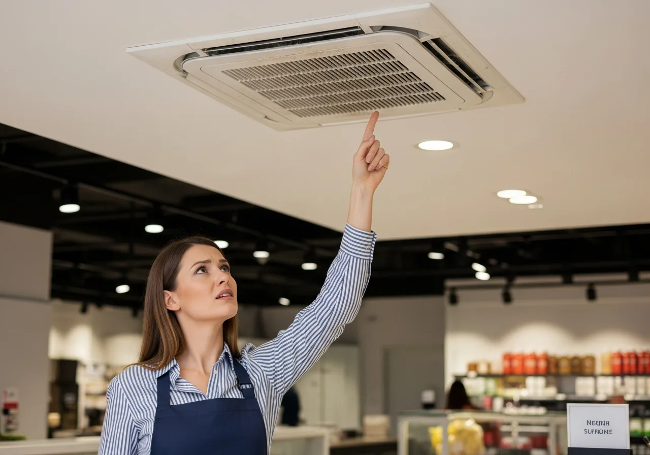 Homeowner pointing at a dark dusty return air vent near the ceiling in a Miami home