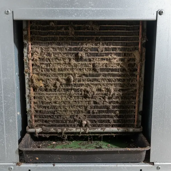 Dirty AC evaporator coil covered in dust and mold before cleaning
