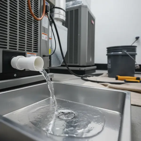 Clear AC drain line flowing freely after professional flush