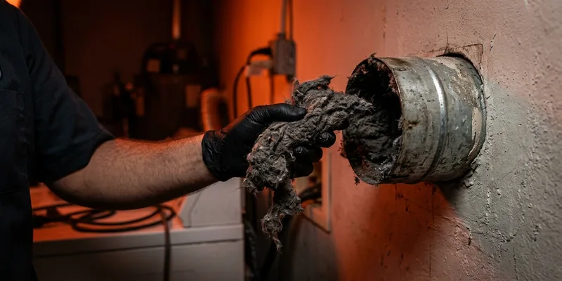 Technician removing compacted lint from clogged dryer vent pipe in Miami home — dryer vent fire risk