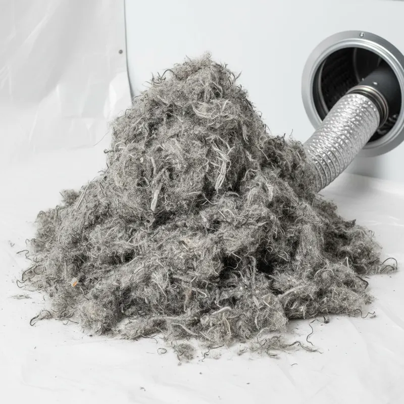 Large pile of lint removed from dryer vent during professional cleaning