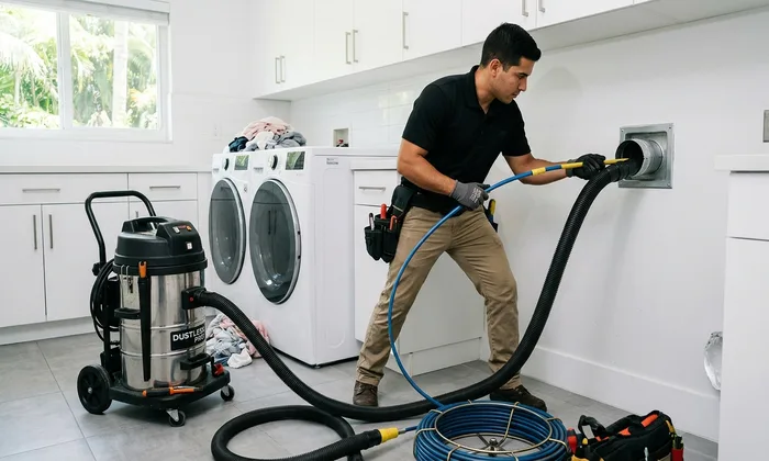 Licensed HVAC technician cleaning dryer vent with professional equipment in Miami home