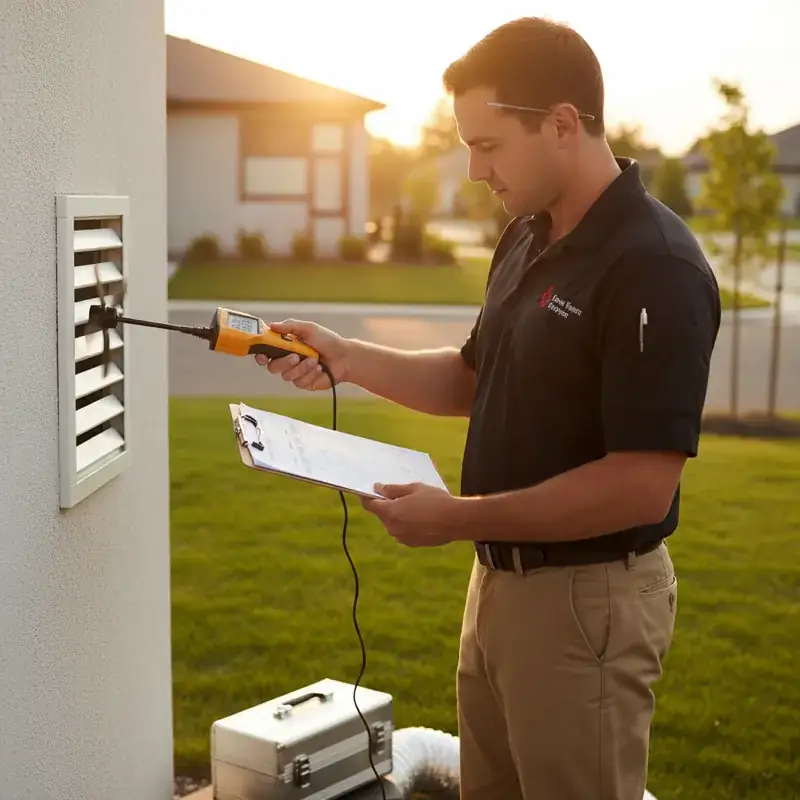 HVAC technician measuring dryer vent airflow with anemometer before and after cleaning