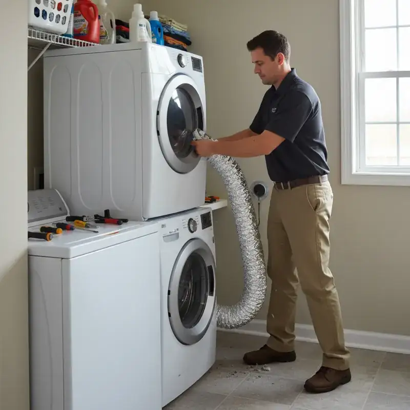 HVAC technician inspecting dryer vent connection in laundry room