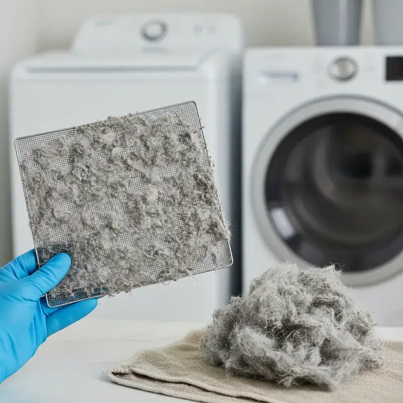 Heavily clogged dryer lint trap being deep cleaned — fire hazard