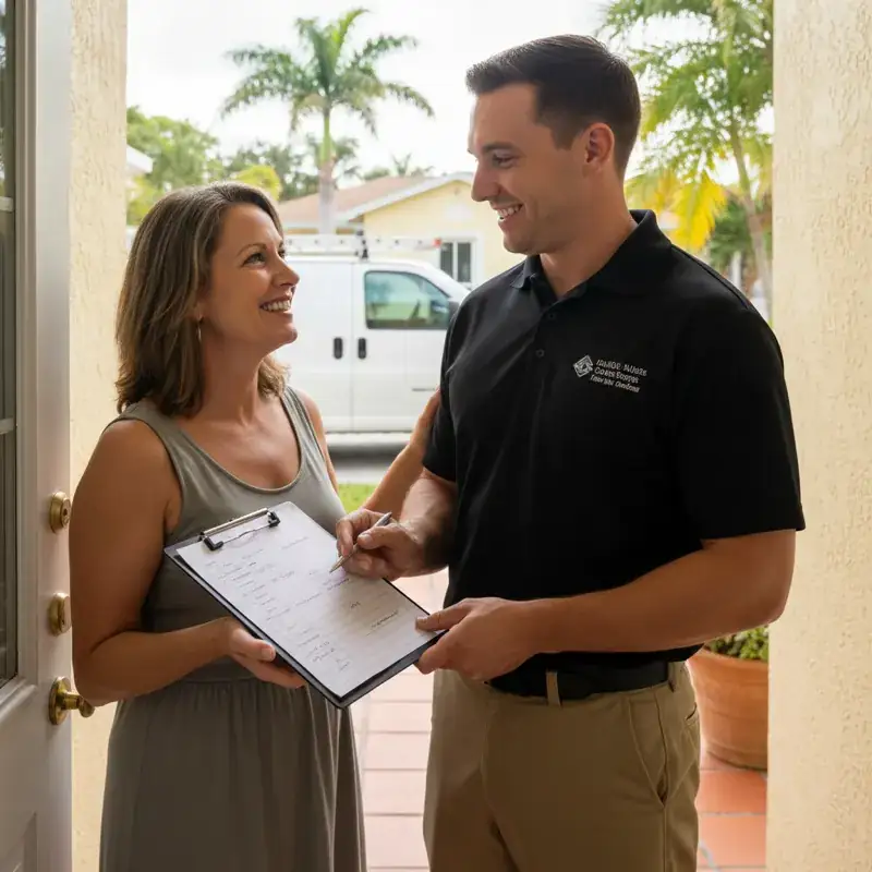 HVAC technician presenting dryer vent cleaning service report to homeowner