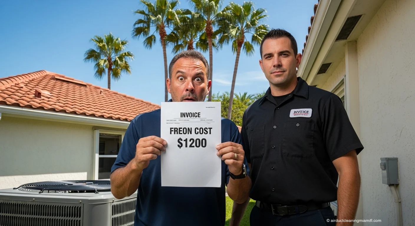 Shocked Miami homeowner looking at $1200 freon cost invoice next to AC condenser unit with HVAC technician — R-410A refrigerant price increase 2026