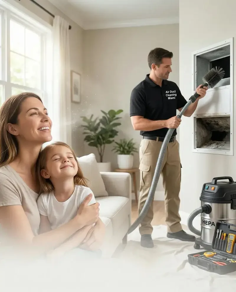 Happy Miami family breathing clean air after whole-home air purifier installation by licensed HVAC technician