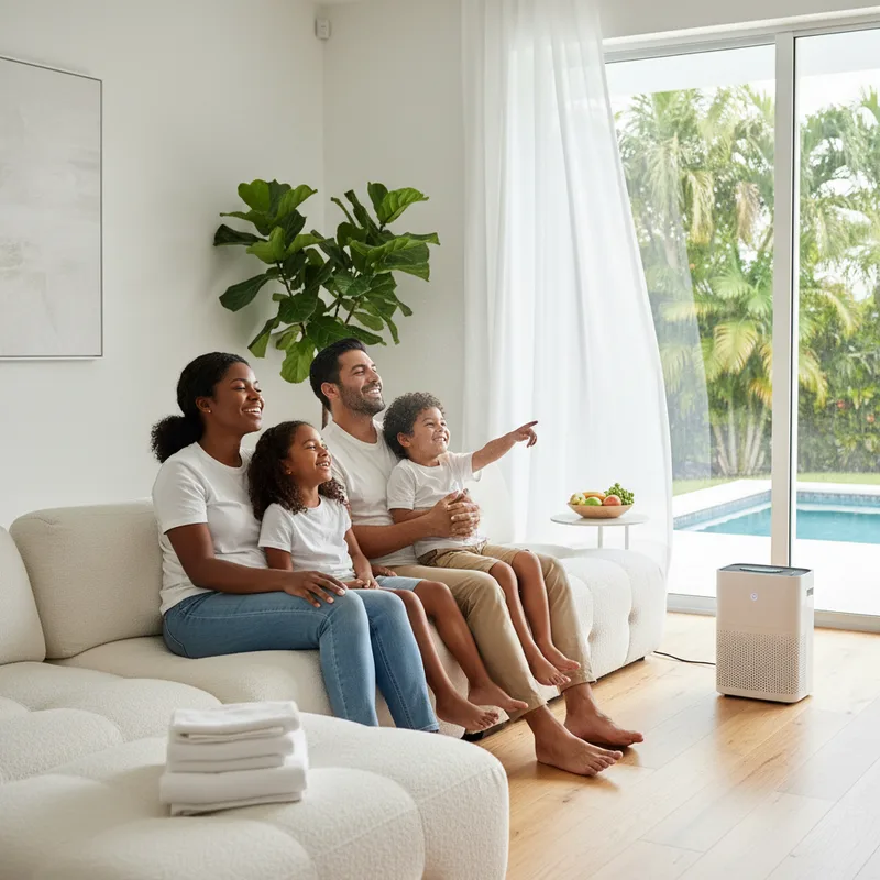 Happy family breathing clean air in their Hialeah FL home after professional air duct cleaning