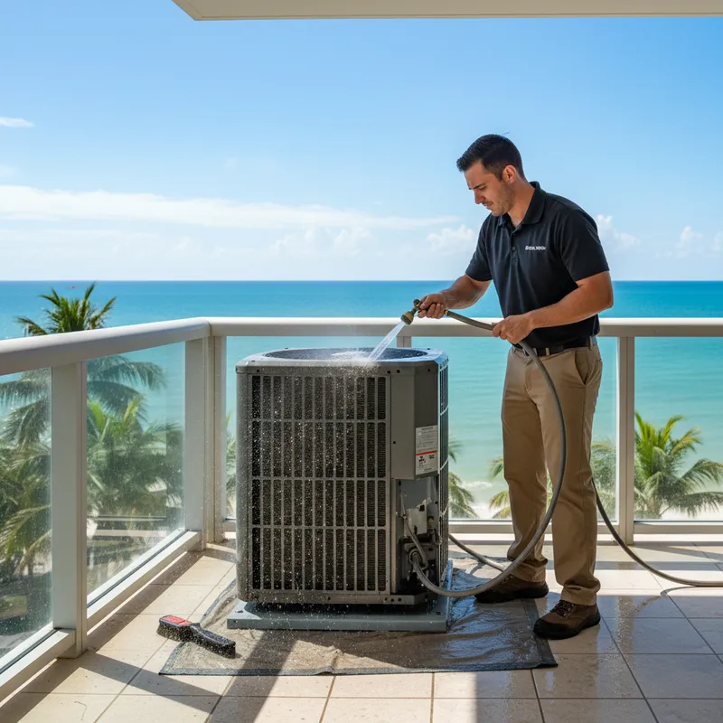 Heat pump condenser coil cleaning on Miami condo balcony