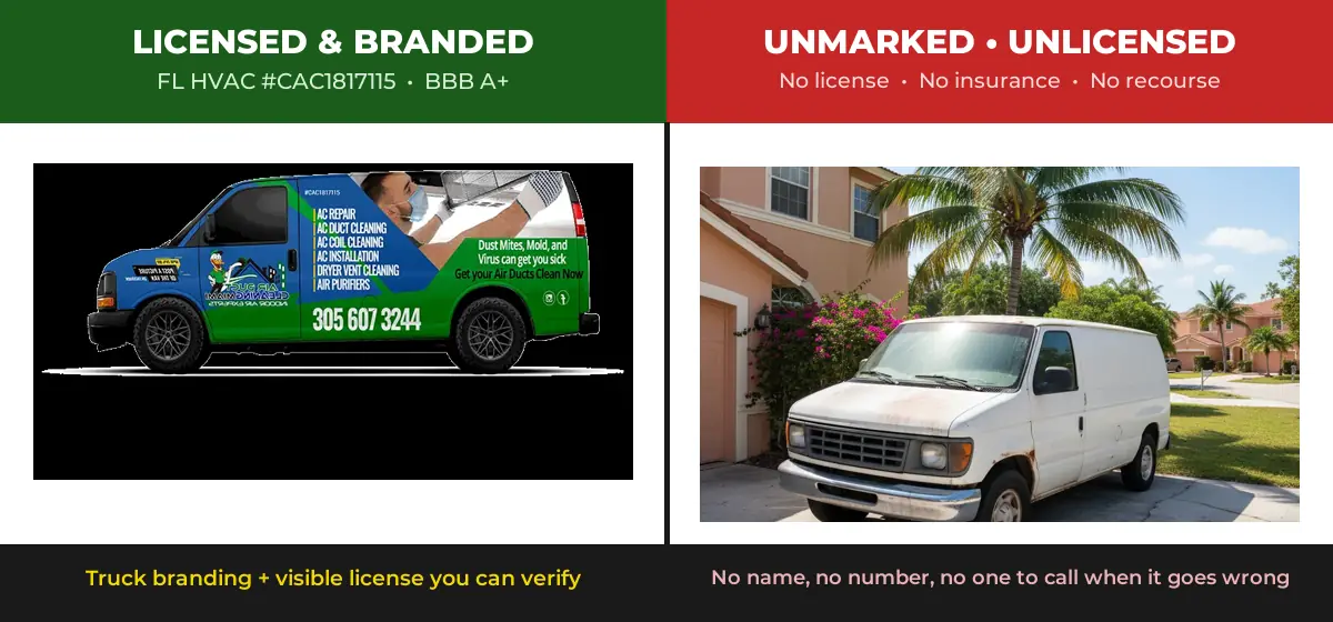 Licensed Air Duct Cleaning Miami branded truck vs. unmarked van used by unlicensed contractors