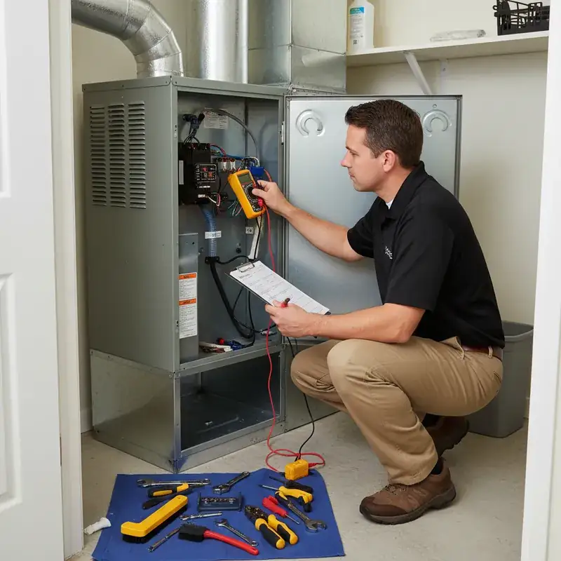 Technician performing 31-point AC inspection checklist