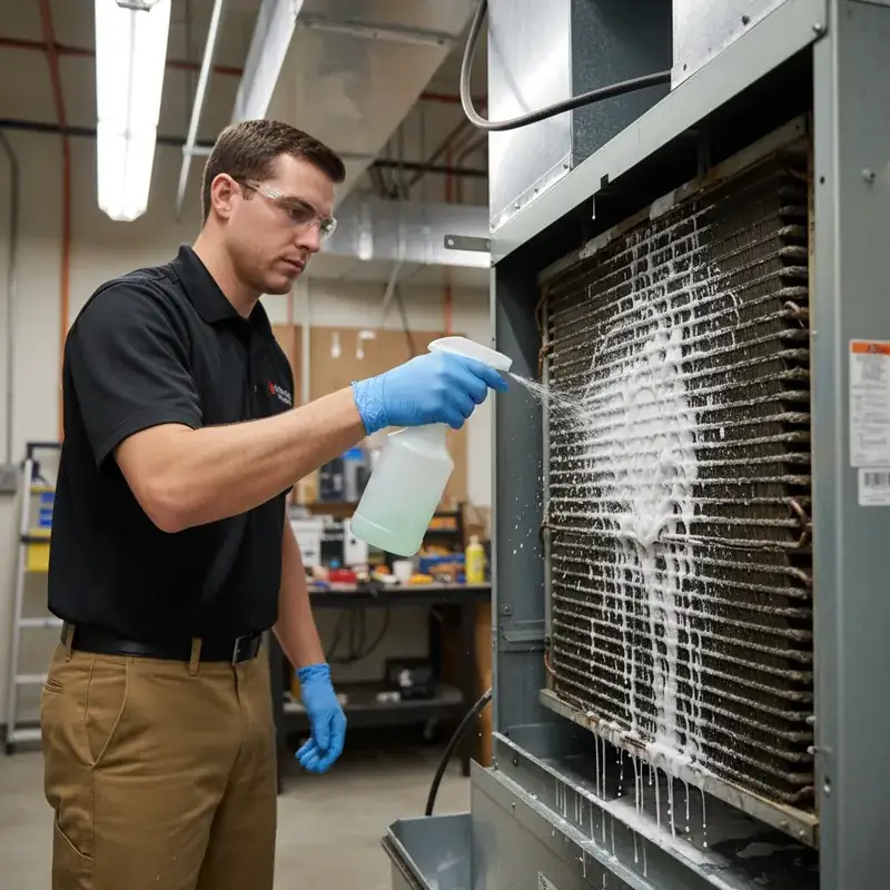 HVAC technician spraying foam cleaner on evaporator coil during AC maintenance