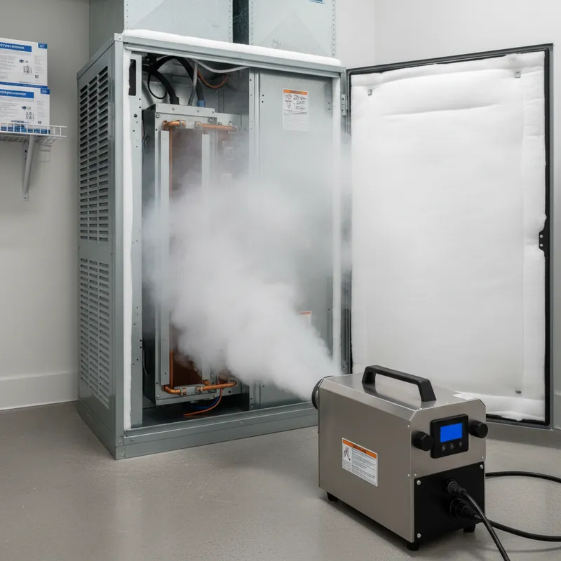Professional fog machine sanitizing AC air handler to eliminate mold and odors