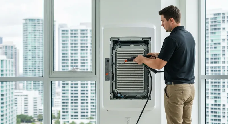 HVAC technician performing mini split cleaning service miami — open wall unit in condo with Miami skyline