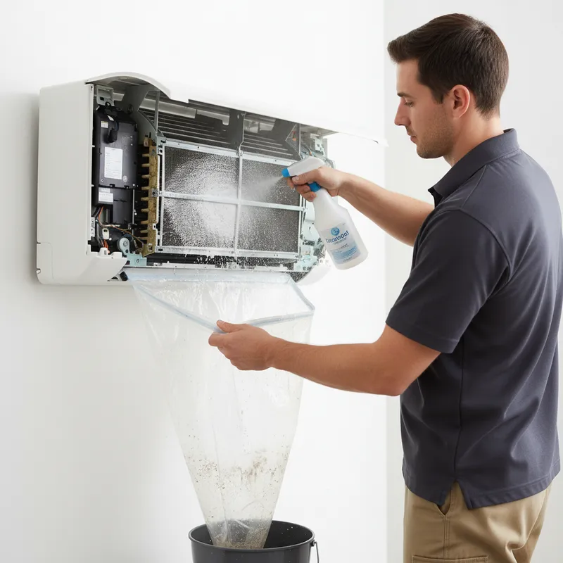 Mini split AC unit with cover removed showing coil being cleaned — professional service for wall-mounted units