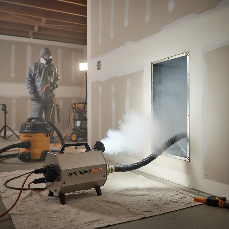 Professional fog machine spraying BioFresh antimicrobial mold treatment into air duct