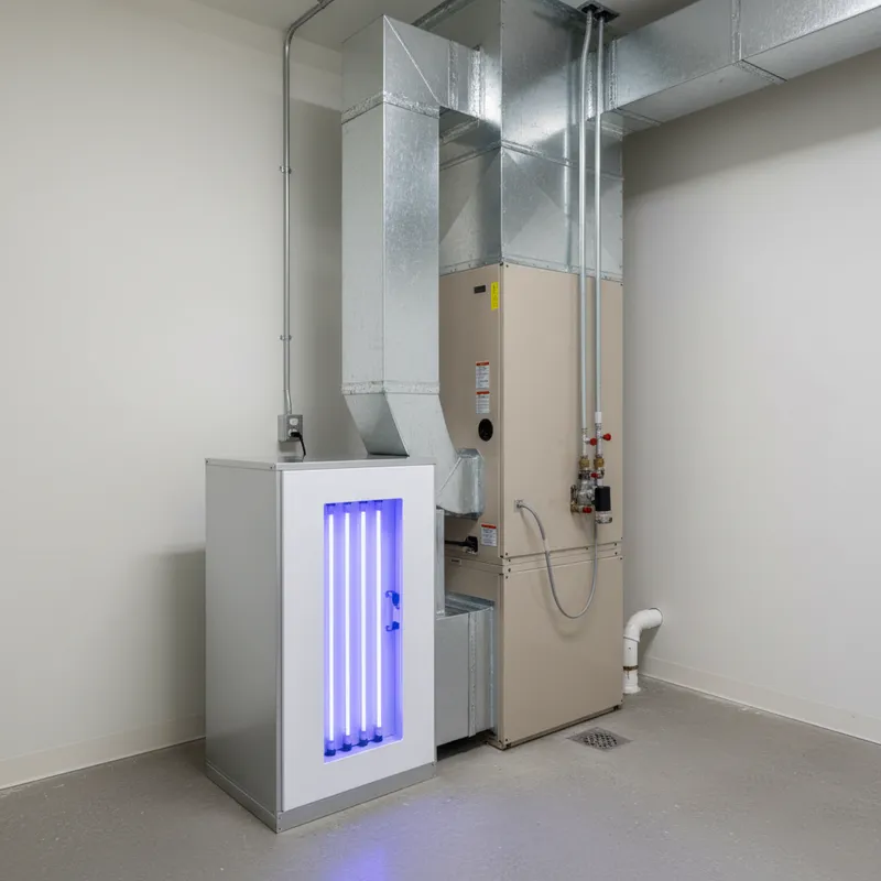 Hospital-grade air purification technology with blue UV ionization lights installed next to HVAC air handler